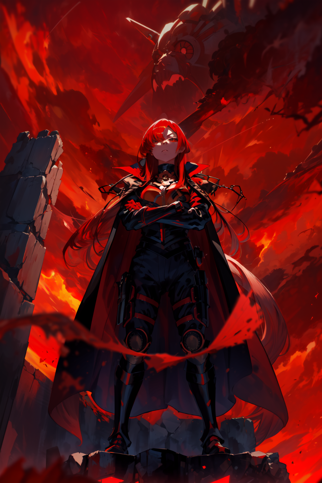 masterpiece,best quality,1girl,MaouNobu,Maou bodyarmor,red hair,long hair,expressionless,standing,crossed arms,step on vie...